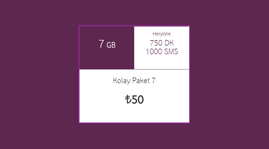 kolay paket 7 750dk 1000sms 7gb 50 tl teknodox