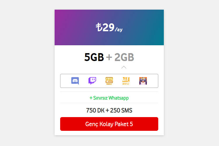 Vodafone Faturasız FreeZone Genç Kolay Paket 5