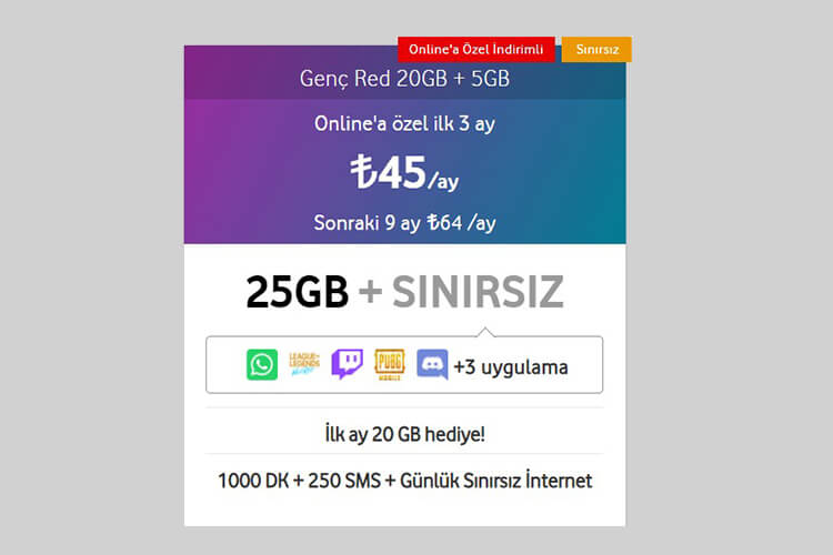 Vodafone Faturasız Genç Red 20GB + 5GB paketi görseli