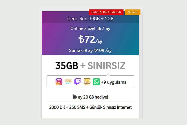 Vodafone faturasız kampanyaları için genç red 30GB + 5GB paketi