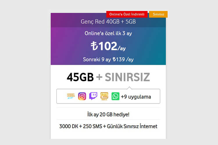 Vodafone faturasız kampanyaları için genç red 40GB + 5GB paketi